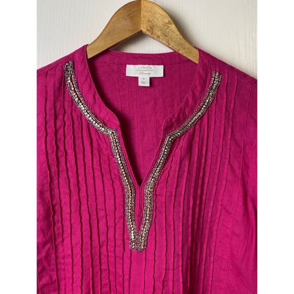 Charter Club Luxury Magenta Linen Beaded Neckline Pintuck Blouse Size Medium - Picture 4 of 10